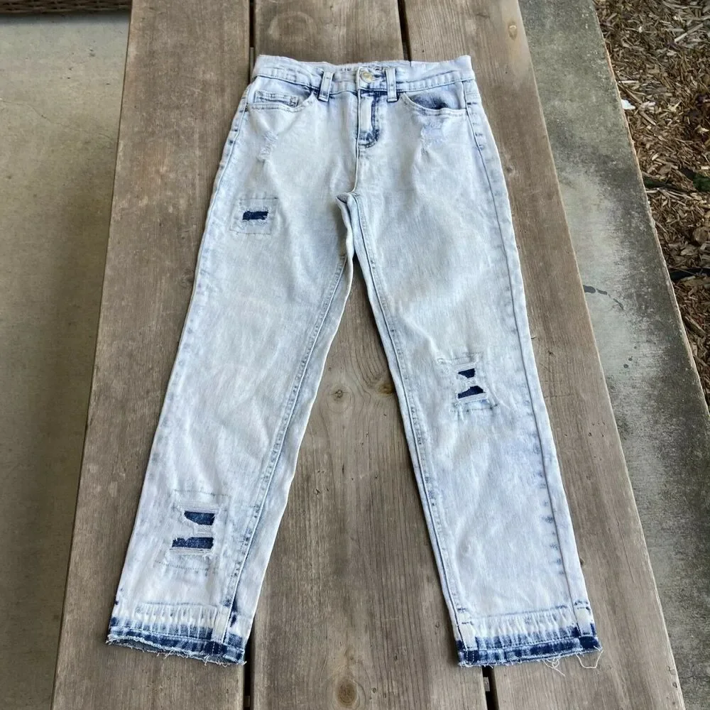 Justice Girls Jeans Sz 14S High Rise‎ Straight Acid Washed Distressed Ripped NEW